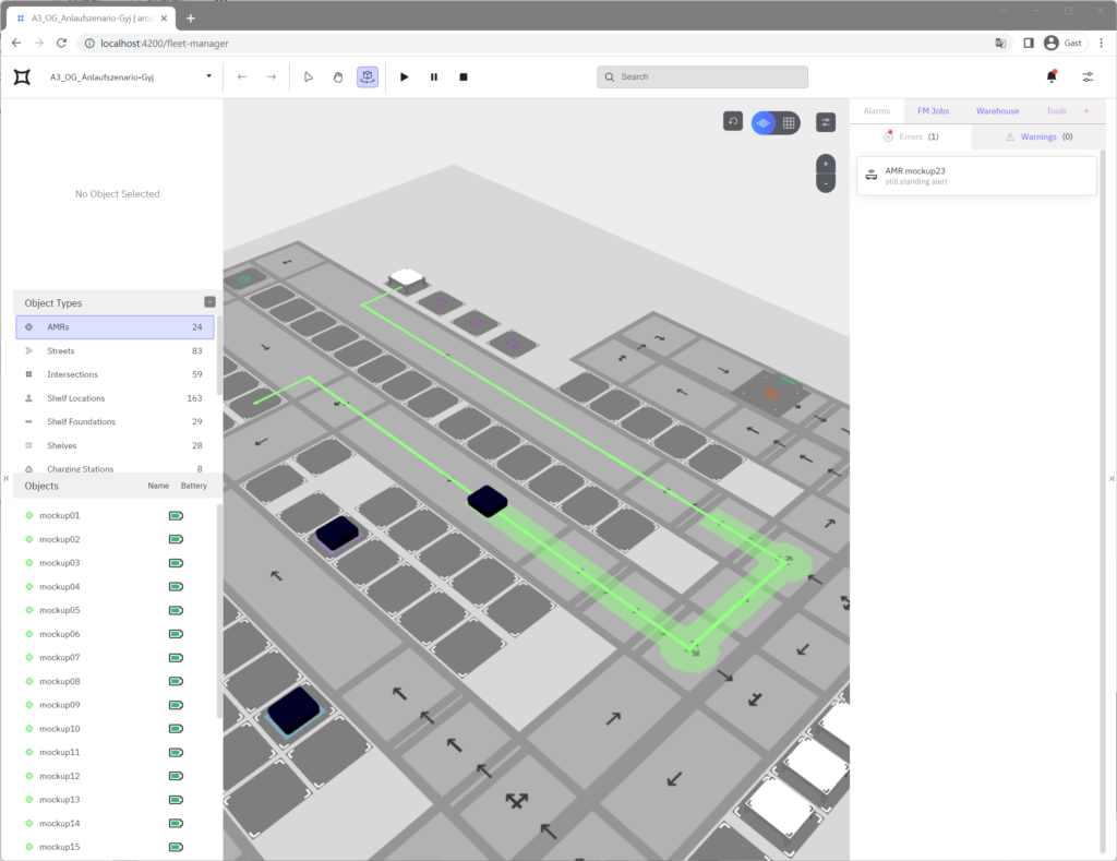 A screenshot of the web-based UI with a 3D map of a robot operation at the center. Three robots can be seen: two of them are not moving, and the third one has its route highlighted in green. On the left there is a list of object types: AMRs, Streets, Intersection, Shelf Locations. Underneath it there is a list of objects, featuring a series of robots and their respective battery levels. 