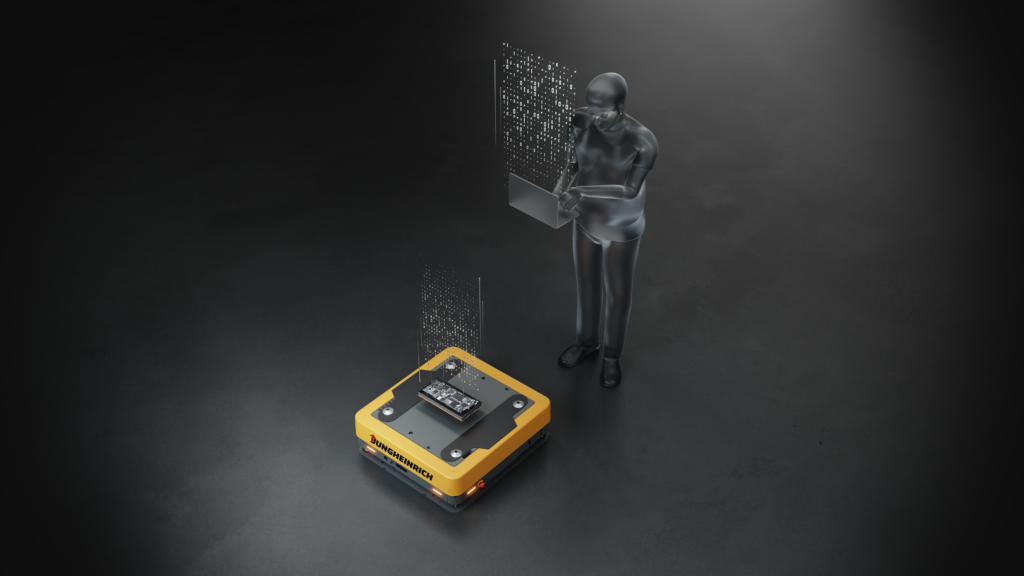3D rendering of a human figure holding a computer and transferring updates to the arculee.