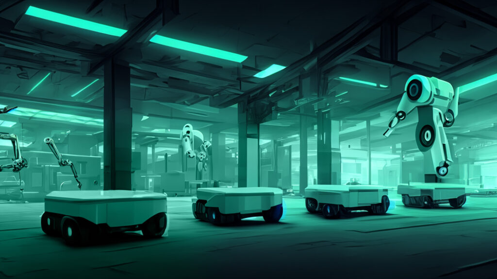 Mint coloured futuristic warehouse showing different types of robots working in harmony. In the foreground, there are four AMRS with wheels. A tall robotic-arm-like figure can also be seen on the right.