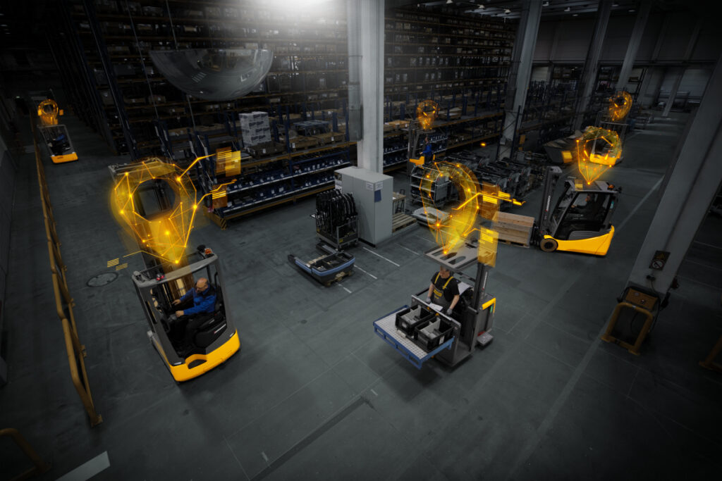 Humans and mobile robots collaborating in a warehouse